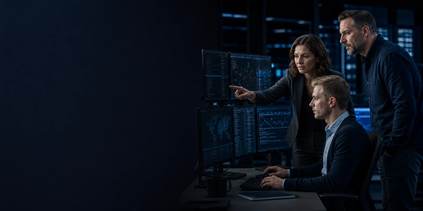Cybersecurity professional working with digital code displays